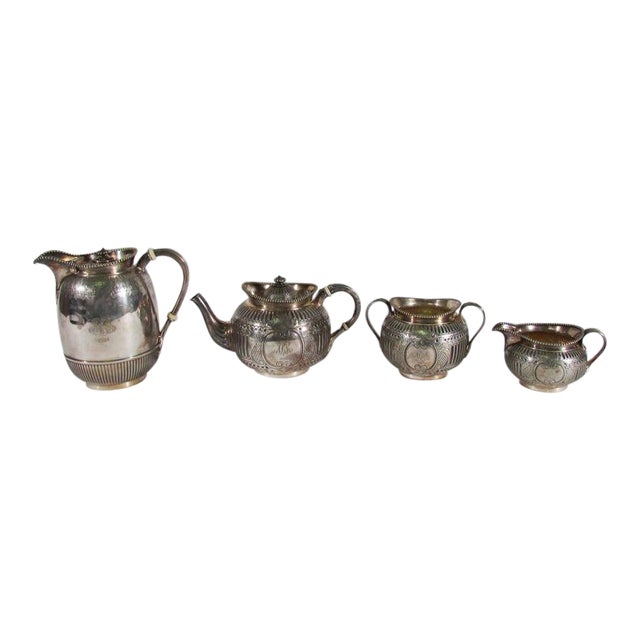Engraved Antique English Elkington Silver Plate Tea and Coffee Set 19th C. - Four Pieces For Sale