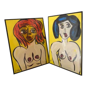 Pair of Peter Keil Original Yellow Abstract Portrait Paintings