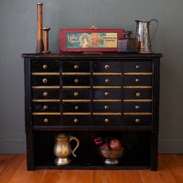 American 19th Century 20 Drawer Black Apothecary Cabinet or Millinery Hutch For Sale - Image 3 of 18