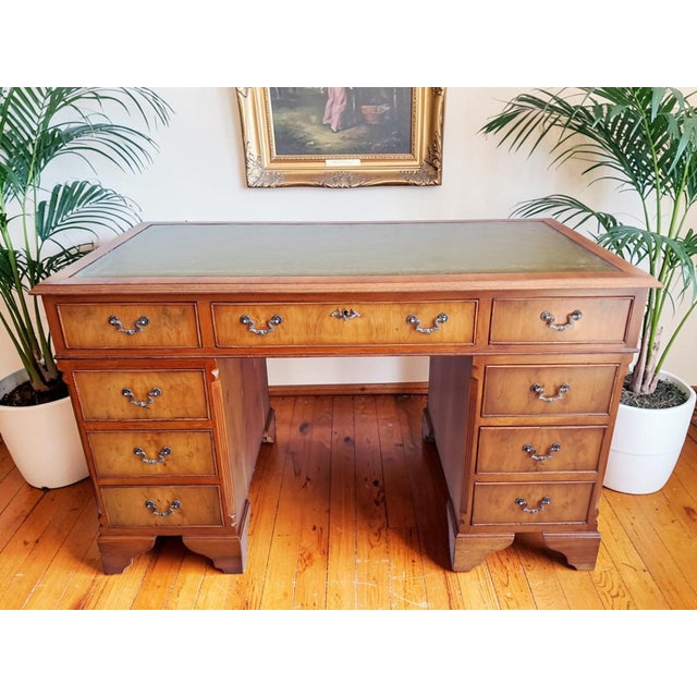 Wood Antique Twin Pedestal Desk in Yew Wood with Leather Top, 1980s For Sale - Image 7 of 18