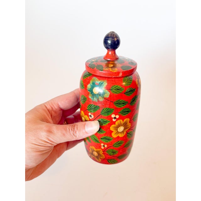 Vintage Wooden Hand Painted Floral Jar With Lid For Sale In Dallas - Image 6 of 7