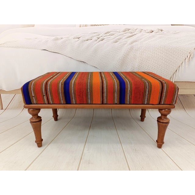 Wood Kilim Upholstered Walnut Vanity Bench For Sale - Image 7 of 7