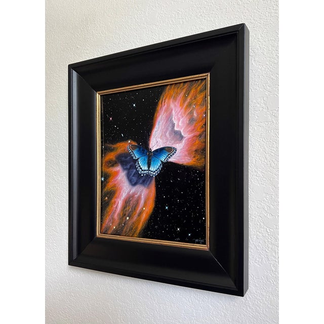 Abstract Butterfly Nebula by Patrick Nevins | Oil on Board Painting of a butterfly in a cosmic setting For Sale - Image 3 of 3