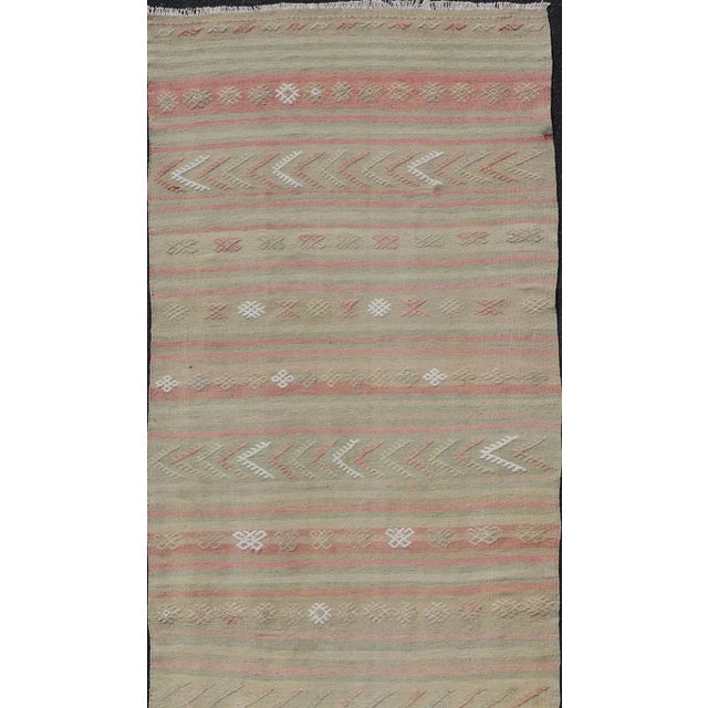 Modern Mid 20th Century Vintage Striped Turkish Kilim Runner With Stripes in Tan Ivory & Light Coral For Sale - Image 3 of 12
