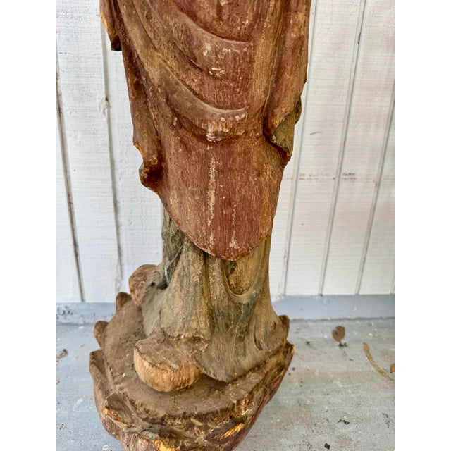 Asian Antique Antique Huge Carved Polychrome Wood Buddha Buddhist Monk on Lotus For Sale - Image 3 of 12