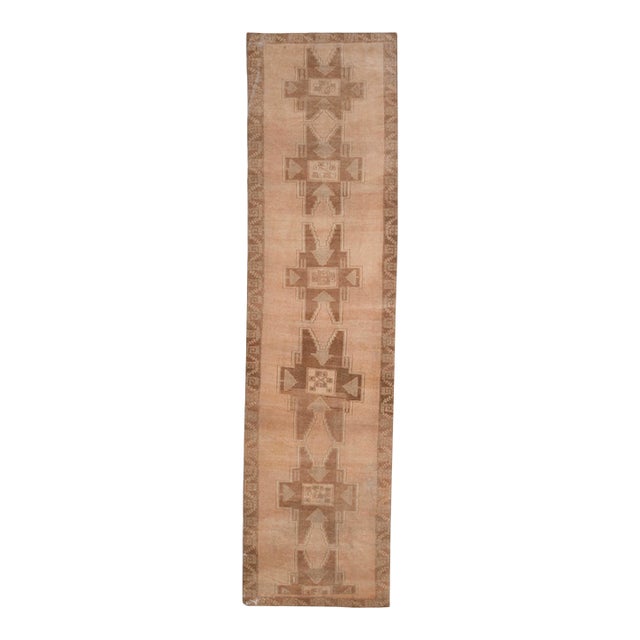 1970s Vintage Handmade Wool Cotton Turkish Beige Runner Rug For Sale