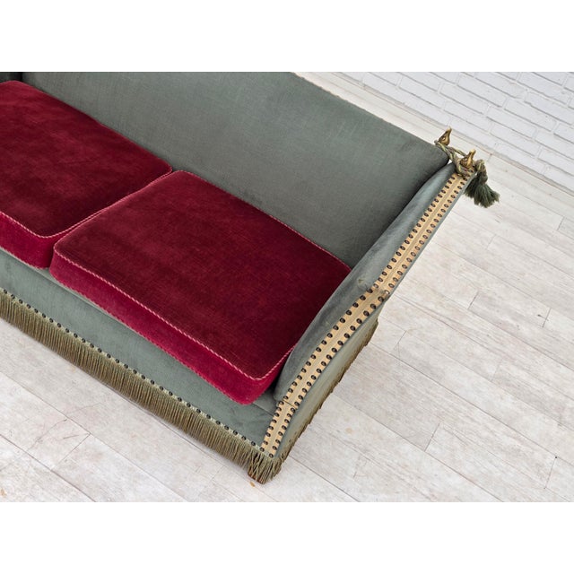 Wood Danish 2-Seater Drop Arm Spanish Sofa in Green and Red Velour, 1970s For Sale - Image 7 of 18