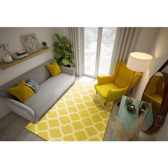 Contemporary 5x8 Yellow Flat Weave Wool Ogee Lattice Geometric Modern Carpet Rug For Sale - Image 3 of 3