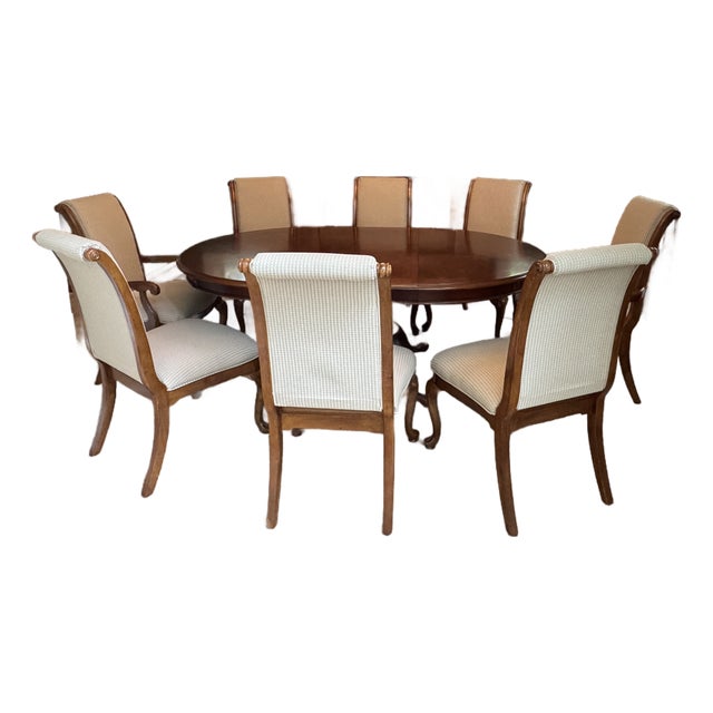 Solid Wood Dining Table and Eight Chairs For Sale