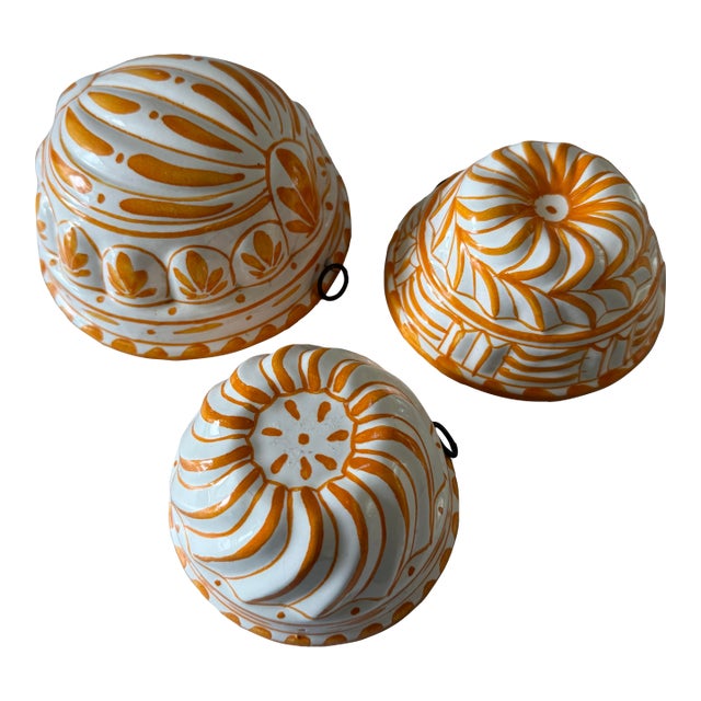 Set of 3 Ceramic Orange and White Hand Painted Molds For Sale