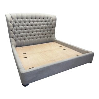 Attributed to Arhaus Tufted Wingback Upholstered Bed — King Custom Greige Upholstery | Deep Button Tufting | Fully Upholstered Frame For Sale