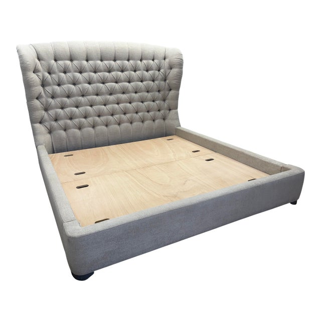 Attributed to Arhaus Tufted Wingback Upholstered Bed — King Custom Greige Upholstery | Deep Button Tufting | Fully Upholstered Frame For Sale