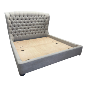 Attributed to Arhaus Tufted Wingback Upholstered Bed — King Custom Greige Upholstery | Deep Button Tufting | Fully Upholstered Frame