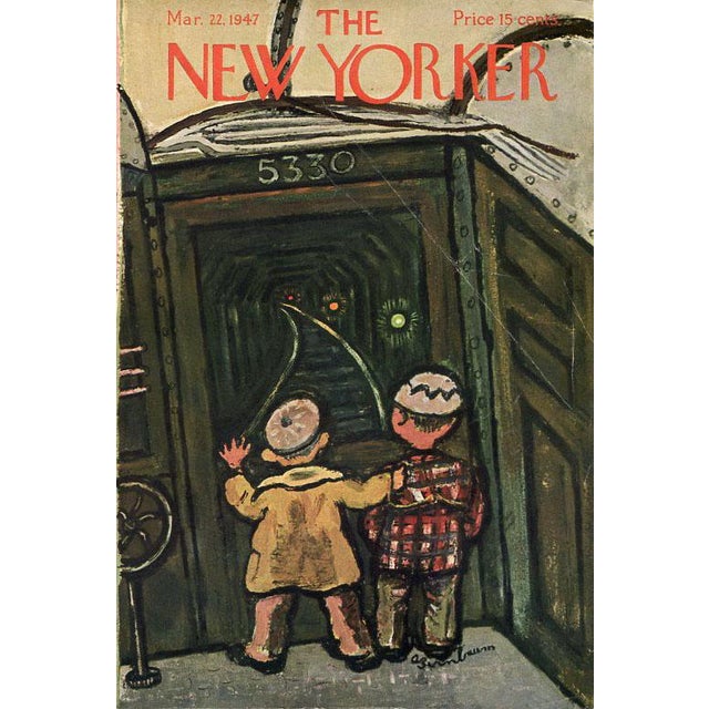 Original vintage New Yorker magazine cover dated March 22, 1947 featuring a New York City and Subway theme. Cover...