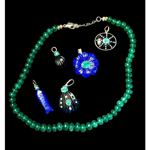 Flora Pendant, Lapis Flower With Emerald & 14k Gold For Sale - Image 11 of 11