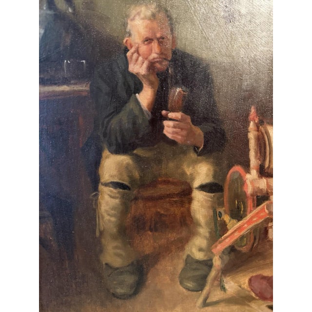 Brown Karl Bauer, Pipe and Spinning Wheel, Oil Painting on Canvas For Sale - Image 8 of 12