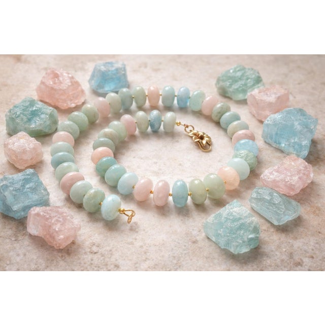 Metal Beryl Aquamarine Morganite Beaded Necklace, Gold Plate Clasp, 19" For Sale - Image 7 of 7