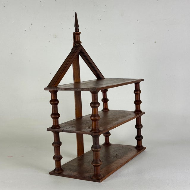 Early 20th Century Unusually Marvelous Antique House Shaped Folk Art Primitive Spool Tri-Level Wooden Wall Shelf Unit For Sale - Image 5 of 11