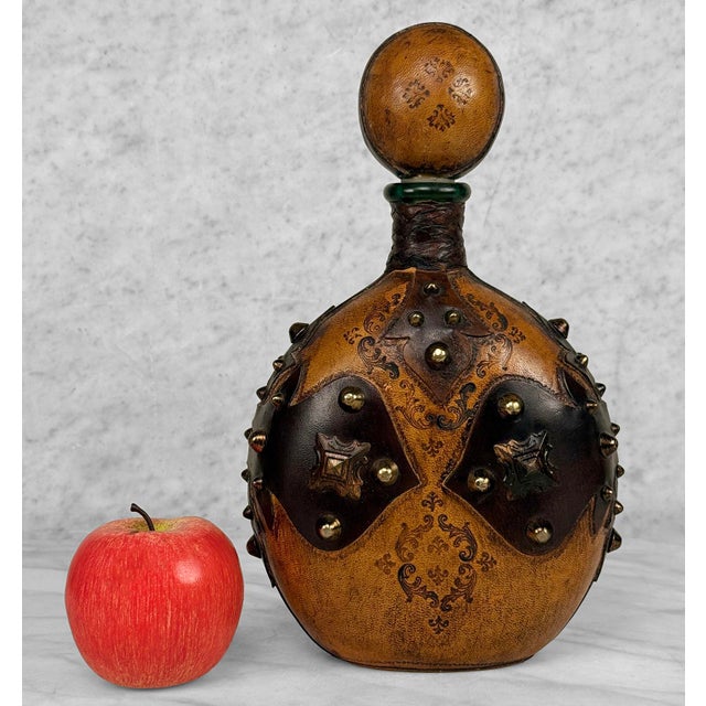 - Original 1970’s Italian Revival Cognac Decanter - Green Glass Interior with Genuine Leather Outer Layer with Wonderful...