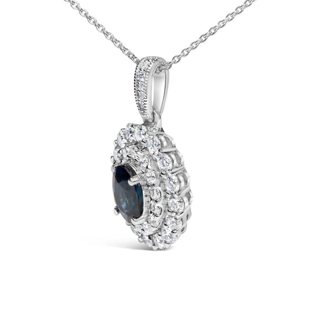 Contemporary 14K White Gold Oval Blue Sapphire and 3/4 Cttw Diamond Halo Pendant Necklace For Sale - Image 3 of 5
