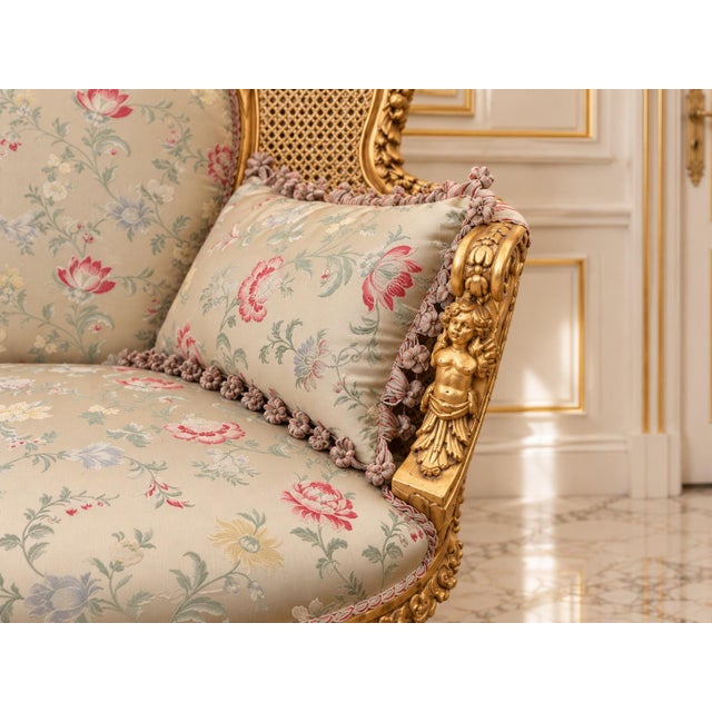 1960 French Artisan Louis XVI Gold Beech Damask Settee For Sale - Image 6 of 13