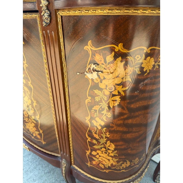 Late 20th Century Vintage Louis XV Style Marquetry Bombe Cabinet With Marble Top For Sale - Image 5 of 11