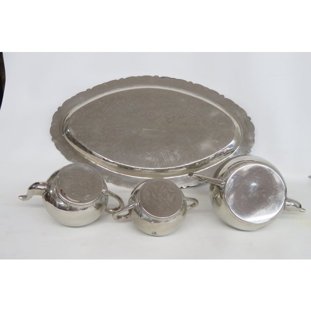 Art Deco Art Deco Silver Plated Tea Tray Set With 2 Teapots and Lidded Sugar Bowl 4989b For Sale - Image 3 of 9