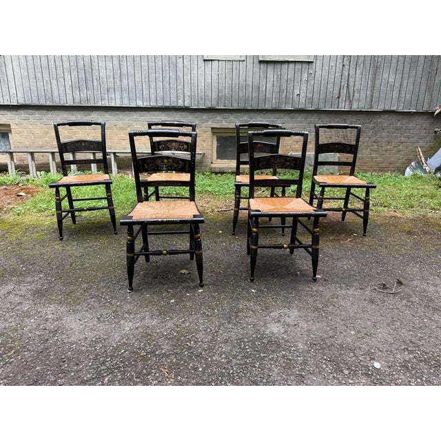 Mid 20th Century Mid 20th Century Set of 8 Hitchcock Style Black Painted Stenciled Dining Side Chairs With Rush Woven Seats For Sale - Image 5 of 15