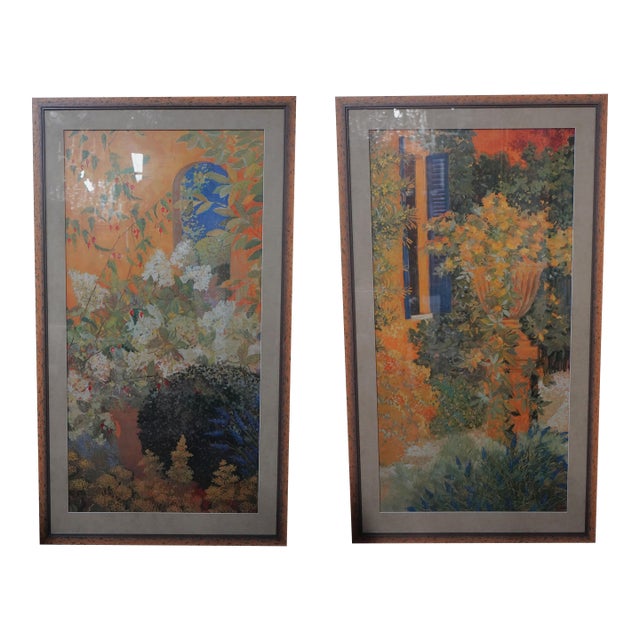 Pair of Large Framed Garden Scene Prints Signed For Sale