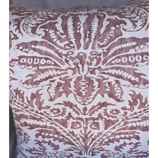 Pair of custom pink & white Fortuny style textile fronts and soft colored pink linen backs. Down inserts, zipper closures.