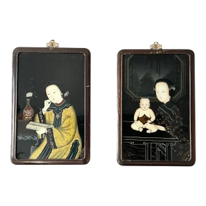 Early 1900s Set of 2 Antique Chinese Reverse Painting on Glass, Framed