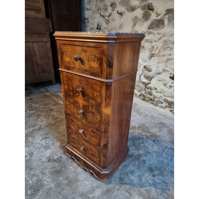 French Bedside Cabinet with Burr Walnut Veneer and Marble Top, 1900s For Sale - Image 13 of 17