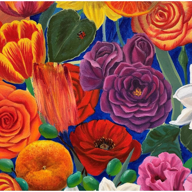 Mega City Redux by Robin Hextrum | Oil on Canvas Colorful floral arrangement with abstract background For Sale - Image 4 of 4