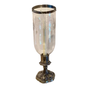 Early 20th Century Silver Plated & Etched Flowers & Leaves Glass Hurricane Candle Stick Lamp