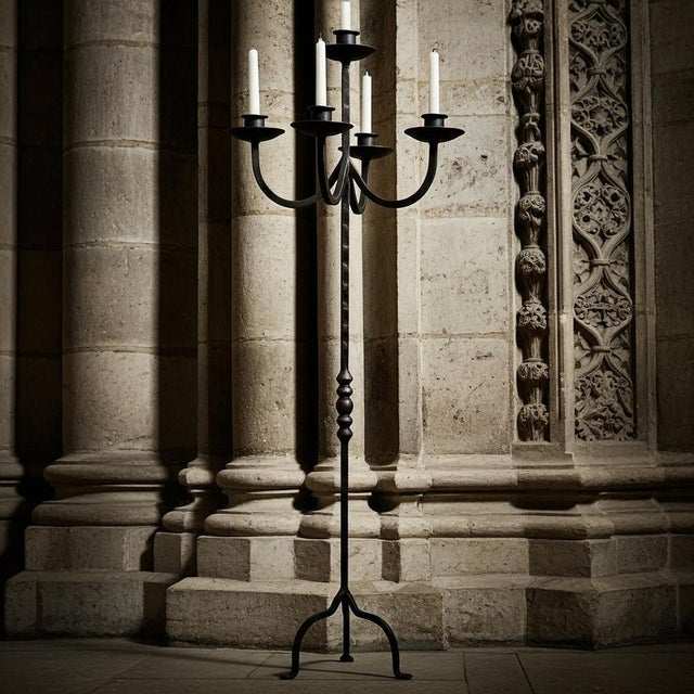 2020s Hand Forged Iron Floor Candelabra 48.5″ (123cm) Antique Copper Patina 3-Arm Wide Base Stable Candle Holder Rustic Decor For Sale - Image 5 of 9