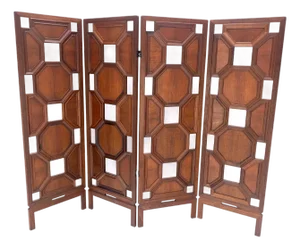 4 Panel Honey Comb Checker Board Style Carved Teak Screen Room Divider