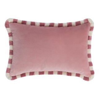 Bicolor Happy Cushion in Pink Velvet with Pink and White Fringes from Lo Decor For Sale