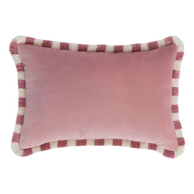 Bicolor Happy Cushion in Pink Velvet with Pink and White Fringes from Lo Decor For Sale