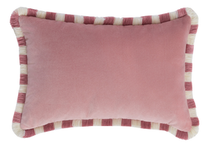 Bicolor Happy Cushion in Pink Velvet with Pink and White Fringes from Lo Decor