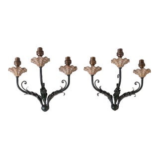 1940s French Floral Painted Iron Sconces - a Pair For Sale
