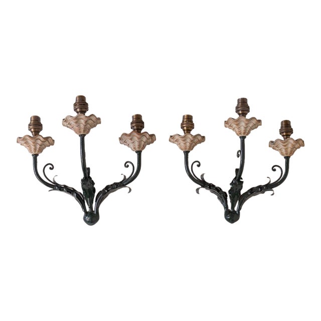 1940s French Floral Painted Iron Sconces - a Pair For Sale