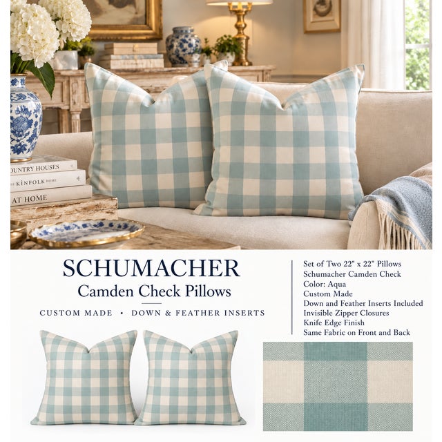 English One Pair Custom Schumacher Camden Check Color Aqua Down and Feather Pillows With Self Welt and Invisible Zippers For Sale - Image 3 of 3