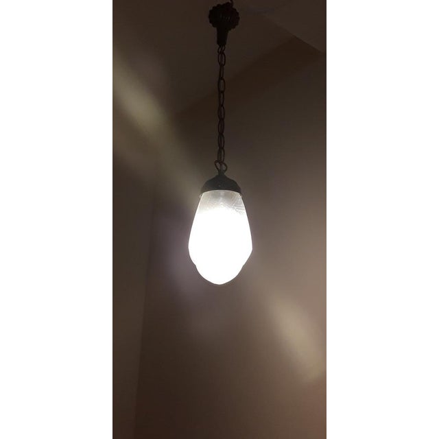 Vintage Art Deco Ceiling Lamp with Frosted Relief Glass Shade on Metal Mount, 1920s For Sale - Image 3 of 7