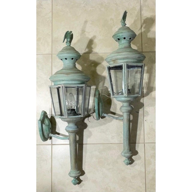 Magnificent Pair of Vintage Solid Brass Eagle-Topped Wall Lanterns For Sale - Image 11 of 17