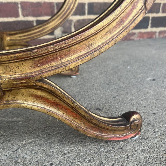 Hollywood Regency Ornate Ottoman With Tufted Orange Cushion Mid Century For Sale - Image 9 of 11