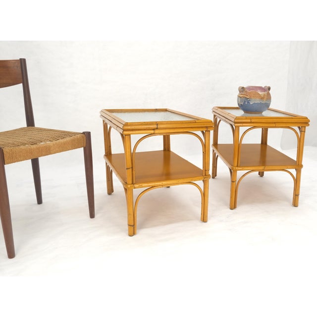 Mid-Century Modern Pair c1970s Bamboo Rattan Two Tier Rippled Glass Top Rectangle End Side Tables For Sale - Image 3 of 14