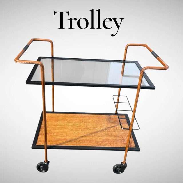 Stitched Leather Trolley by Jacques Adnet, 1950s, in Very Good conditions. Designed 1950 to 1959 I have official proof of...