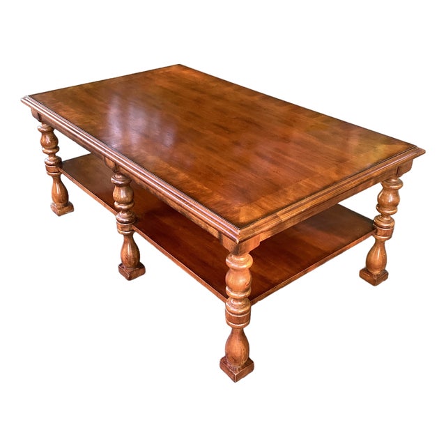 Hickory White Traditional Mahogany Cocktail Table With Turned Legs & Lower Shelf For Sale