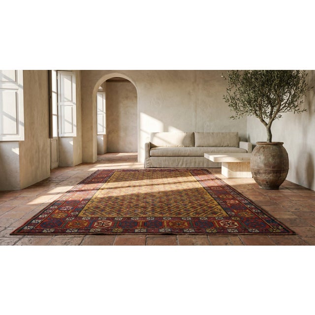 1890s Yellow Geometric Tribal Antique Caucasian Kazak Rug 4'0" X 7'4" Handknotted Wool Carpet For Sale In New York - Image 6 of 8