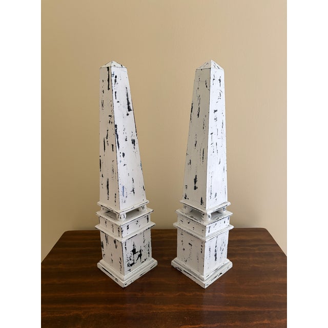 Late 20th Century Late 20th Century Pair of Distressed White Wooden Obelisks With Architectural Form For Sale - Image 5 of 7